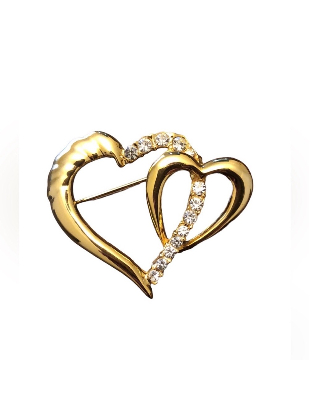 Gold-Tone Double Heart Brooch with Clear Rhinestones Vintage